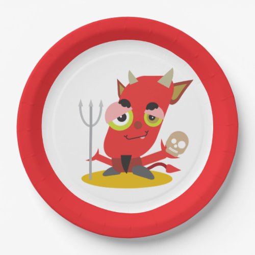 Red Devil Halloween Pitchfork Kawaii Cartoon Paper Plates