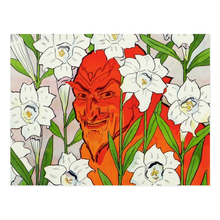 Red Devil hiding among white Easter lilies Post Card