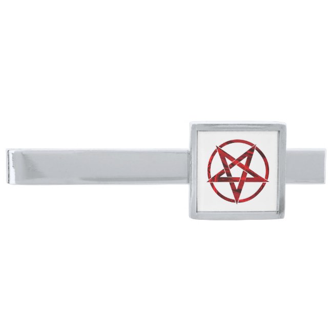 Red Devil Pentagram Silver Finish Tie Bar (Front)