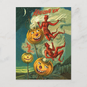 Red Devils riding on Halloween pumpkins' smoke Postcard