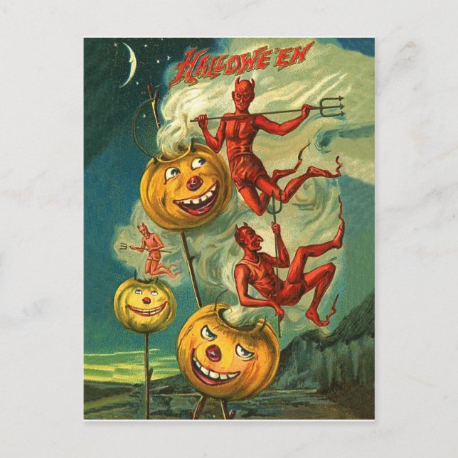 Red Devils riding on Halloween pumpkins' smoke Postcard (Front)