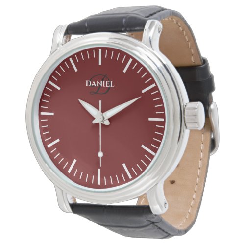 Red dial mens watch with black leather band