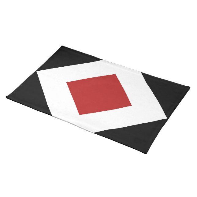 Red Diamond, Bold White Border on Black Cloth Placemat (On Table)