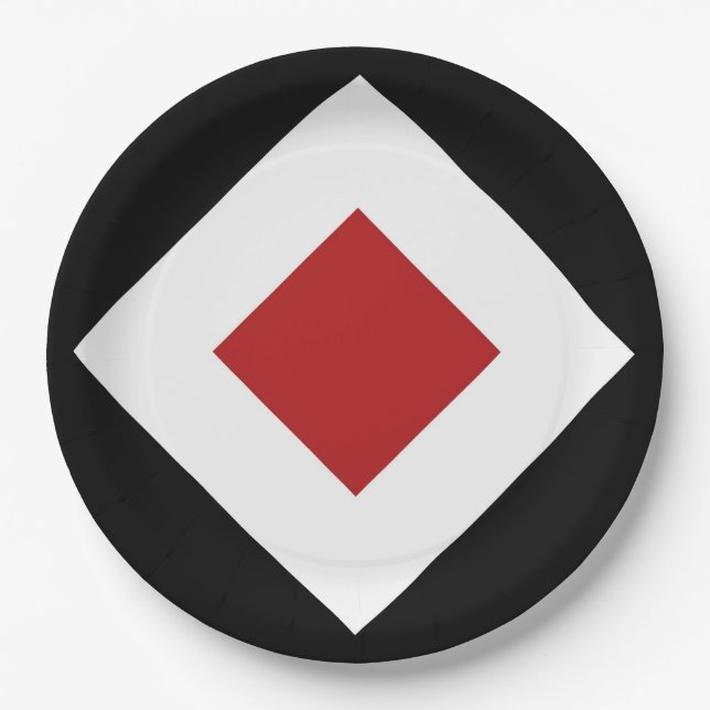 Red Diamond, Bold White Border on Black Paper Plates (Front)
