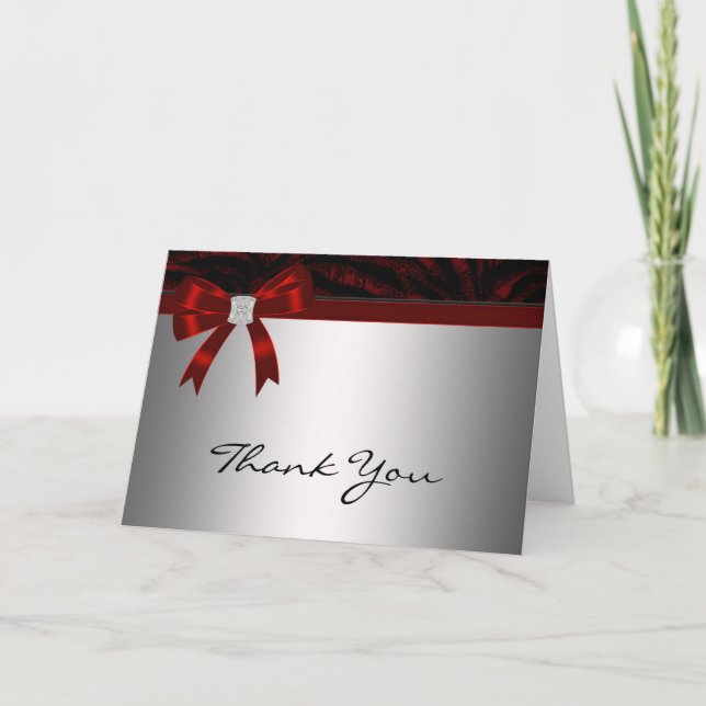 Red Diamond Bow Silver Red Thank You Card (Front)