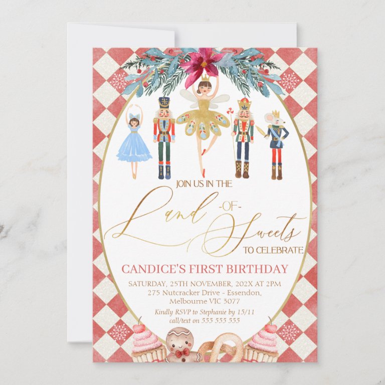 Red Diamond Land of Sweets Nutcracker Birthday Invitation