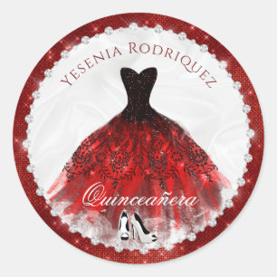 Red Diamond Sparkle Glam Quinceañera Classic Round Sticker