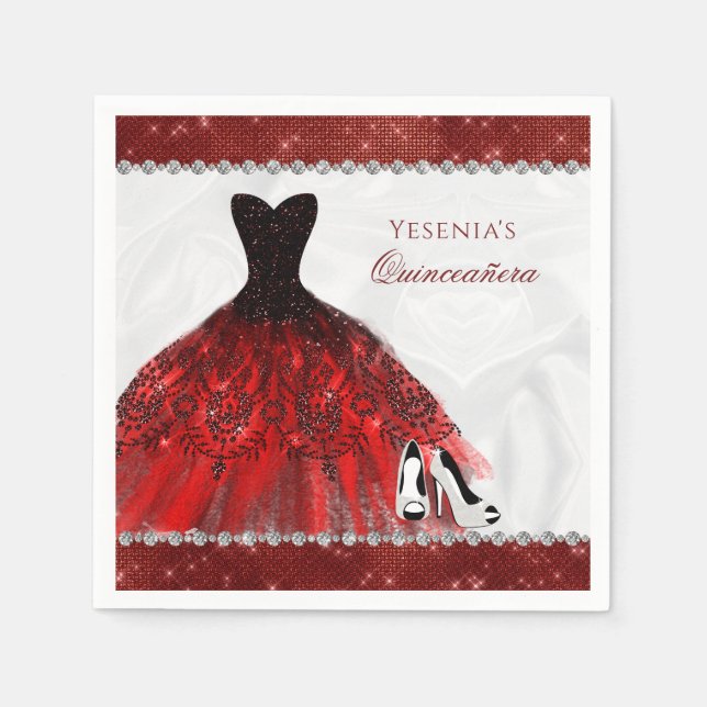 Red Diamond Sparkle Glam Quinceañera Napkins (Front)