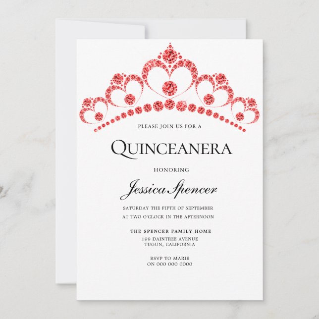 Red Diamond Tiara Quinceanera Party Invite (Front)