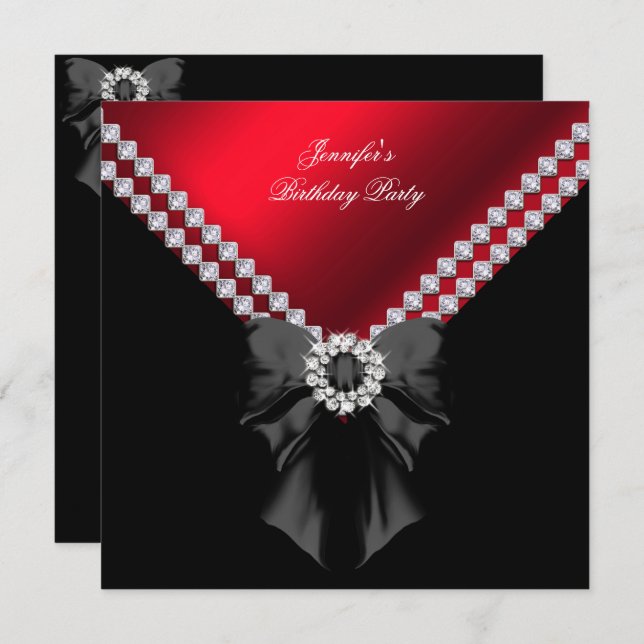 Red Diamonds Elegant Birthday Party Black Invitation (Front/Back)