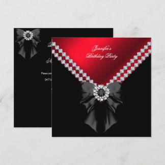 Red Diamonds Elegant Birthday Party Black Invitation