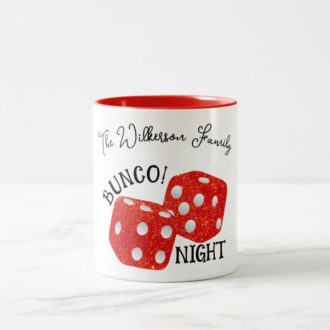 Red Dice Bunco Night Custom Name Two-Tone Coffee Mug (Center)