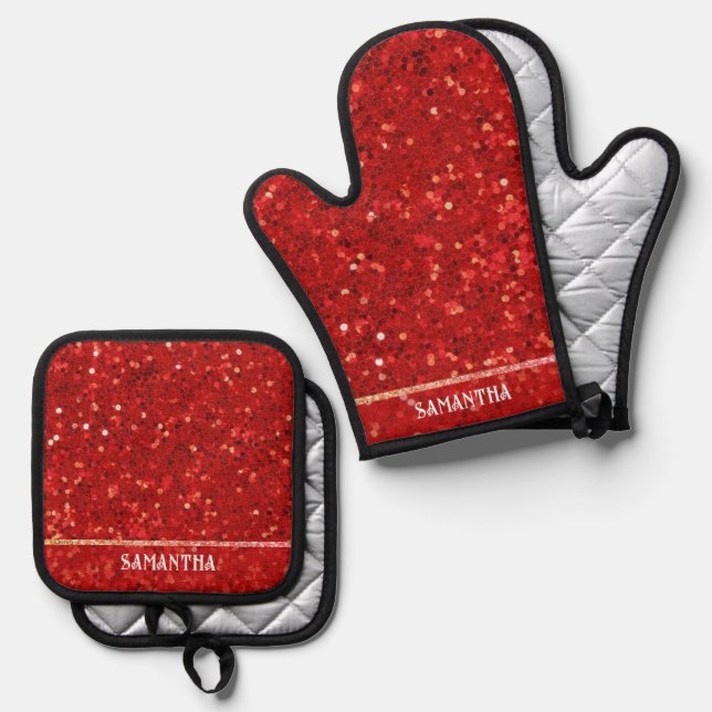 Red Digital Glitter & Sparkles Oven Mitt & Pot Holder Set (Front/Back)