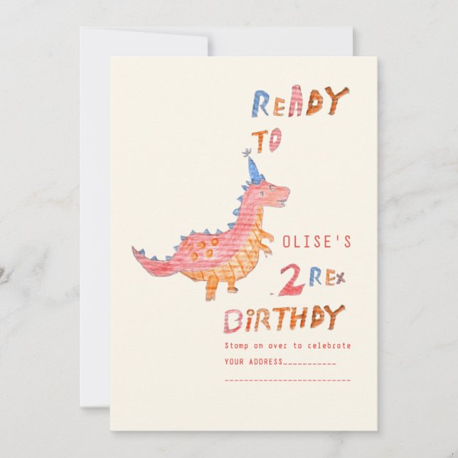 Red dinosaur two rex 2nd birthday party  invitation (Front)