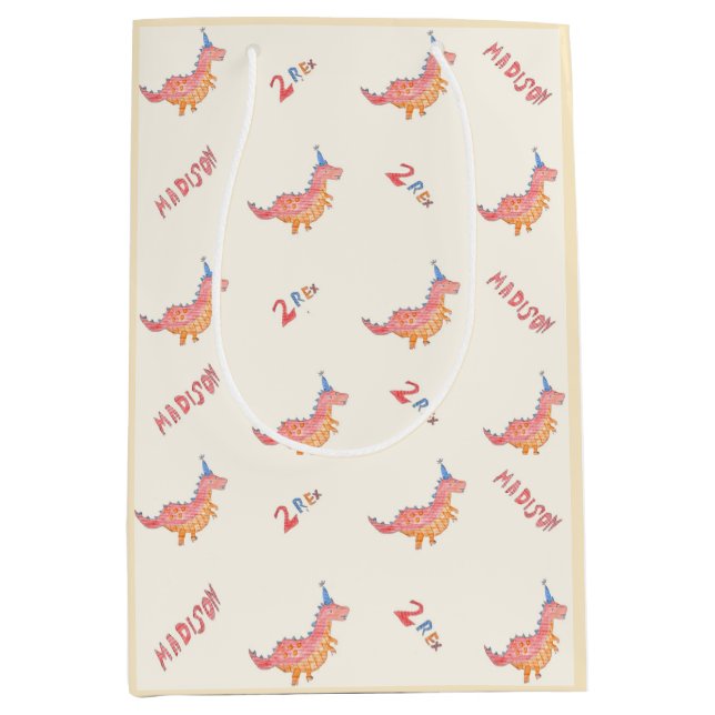 Red dinosaur two rex 2nd birthday party  medium gift bag (Front)