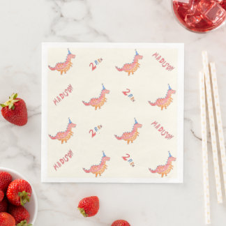 Red dinosaur two rex 2nd birthday party paper dinner napkins