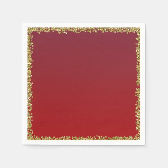 Red Dipped Gold Glitter Glam Sparkle Party Napkins (Front)