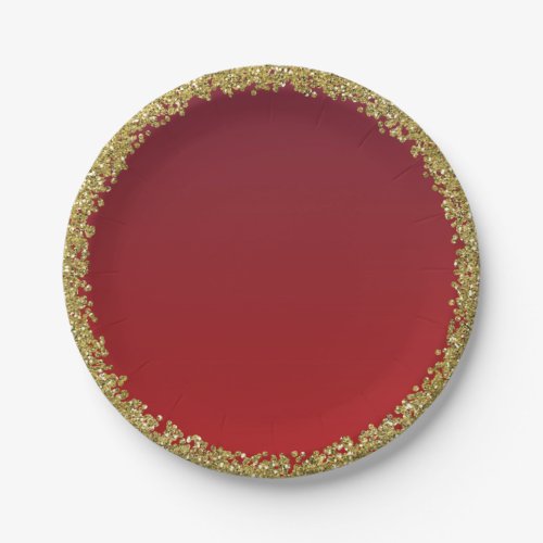 Red Dipped Gold Glitter Glam Sparkle Party Paper Plates