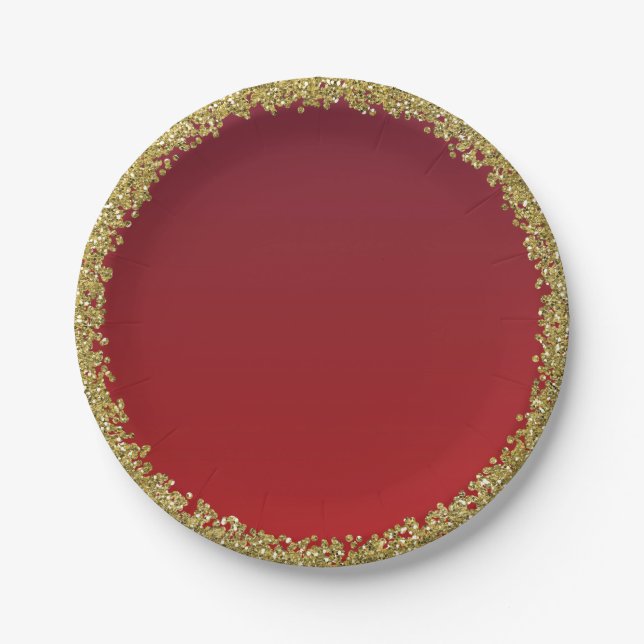 Red Dipped Gold Glitter Glam Sparkle Party Paper Plates (Front)