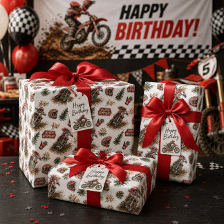 Red Dirt Bike Motocross Pattern Birthday for Boys Wrapping Paper