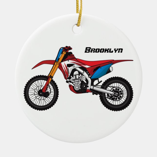 Red dirt bike motorcycle  ceramic ornament (Front)