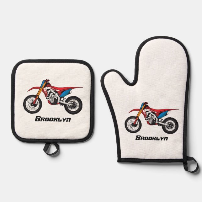Red dirt bike motorcycle oven mitt & pot holder set (Front)
