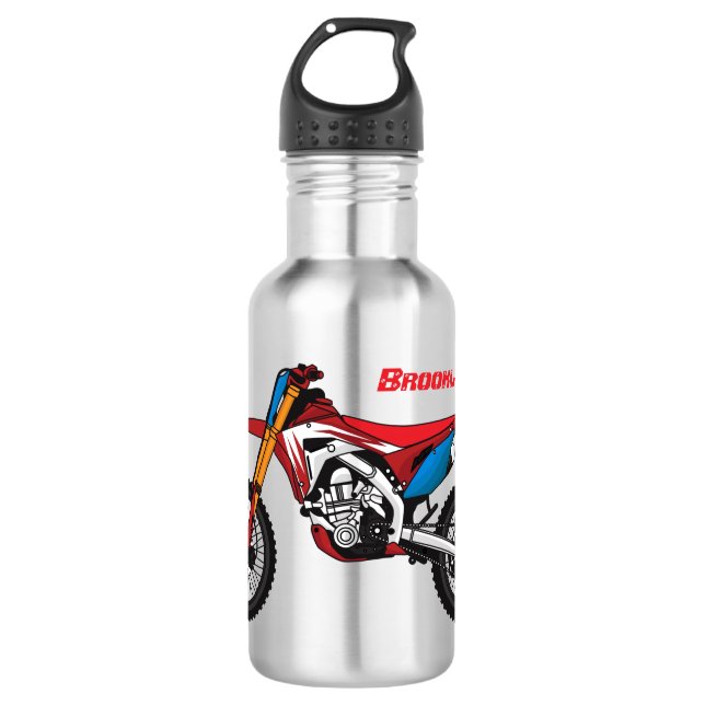 Red dirt bike motorcycle stainless steel water bottle (Front)