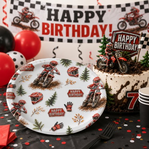 Red Dirt Bike Pattern Boys Motocross Birthday  Paper Plates