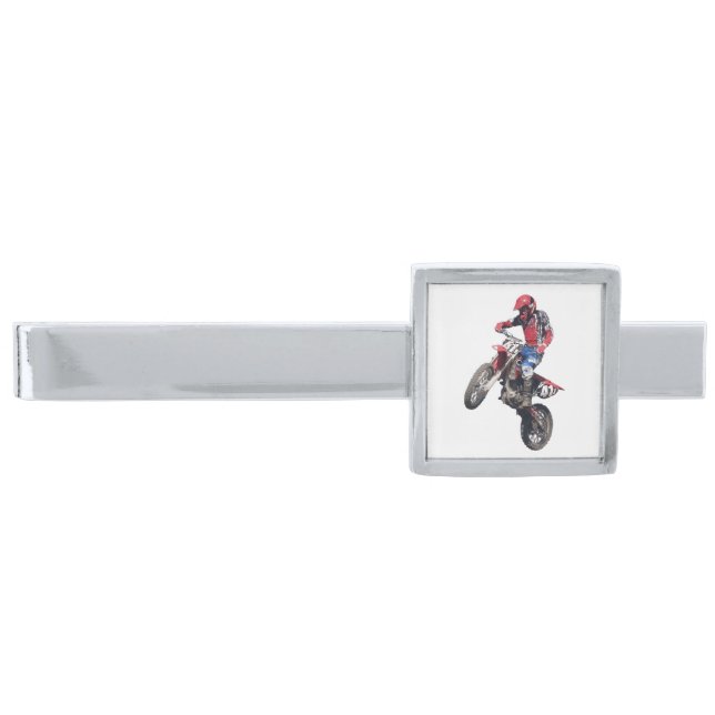 Red Dirt Bike Silver Finish Tie Clip (Front)