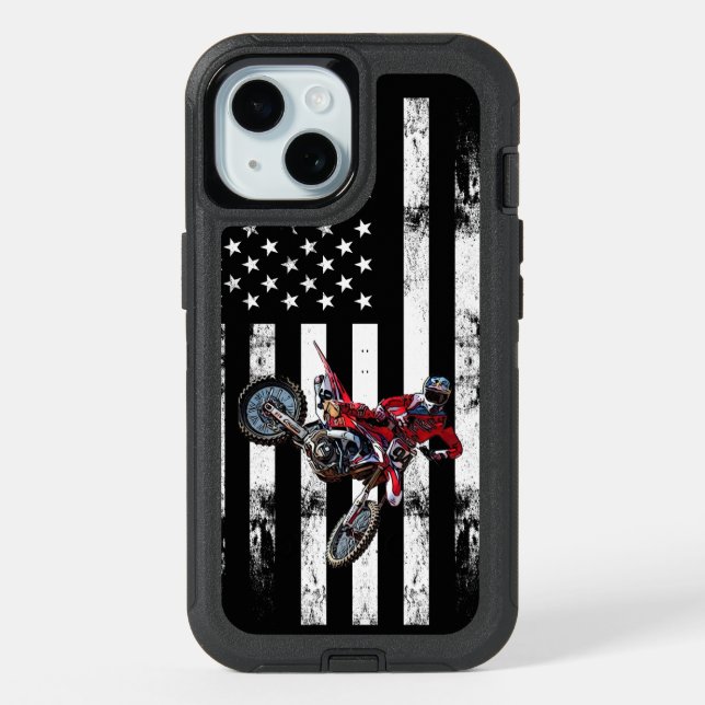 Red Dirtbike Cool Moto American Flag Rugged iPhone 15 Case (Back)