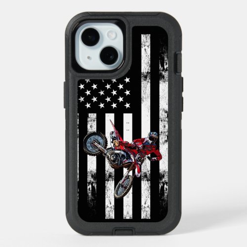 Red Dirtbike Cool Moto American Flag Rugged iPhone 15 Case