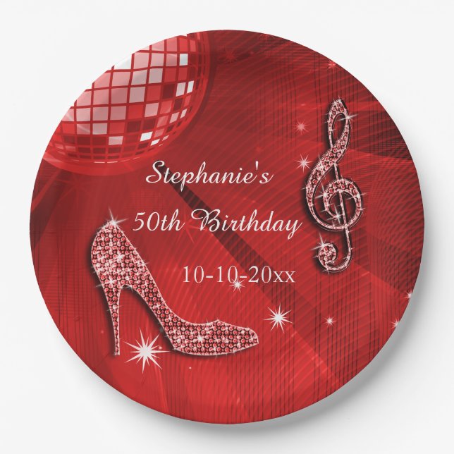 Red Disco Ball and Heels 50th Birthday Paper Plates (Front)
