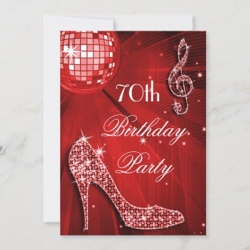Red Disco Ball and Heels 70th Birthday Invitation