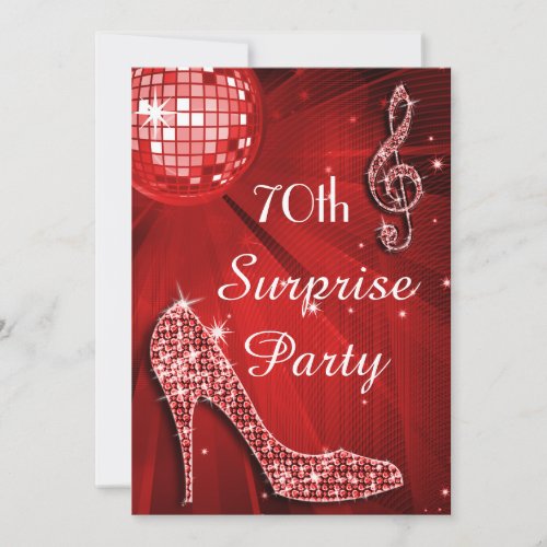 Red Disco Ball and Heels 70th Surprise Birthday Invitation