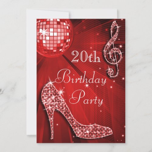 Red Disco Ball and Sparkle Heels 20th Birthday Invitation