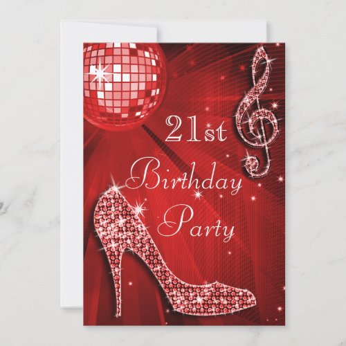 Red Disco Ball and Sparkle Heels 21st Birthday Personalized Invites