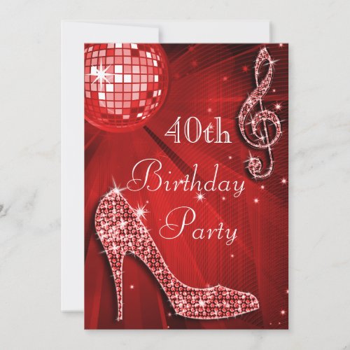 Red Disco Ball and Sparkle Heels 40th Birthday Invitation