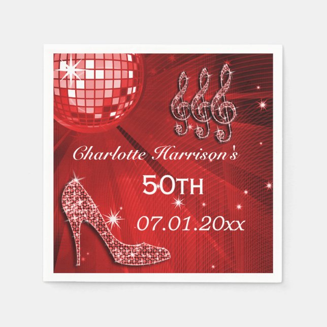 Red Disco Ball and Sparkle Heels 50th Napkins (Front)