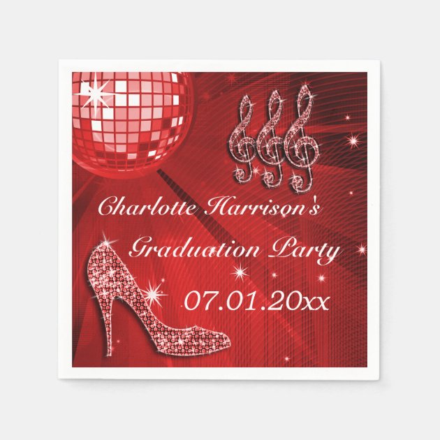 Red Disco Ball And Sparkle Heels Graduation Napkin