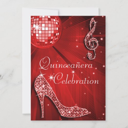 Red Disco Ball and Sparkle Heels Quinceaera Invitation