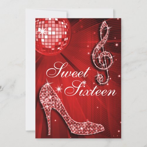 Red Disco Ball and Sparkle Heels Sweet 16 Invitation
