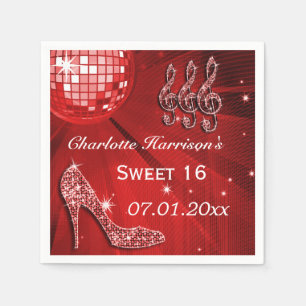Red Disco Ball and Sparkle Heels Sweet 16 Napkins
