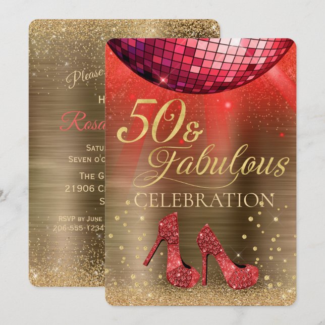 Red Disco Ball Gold 50 and Fabulous Birthday Invitation (Front/Back)