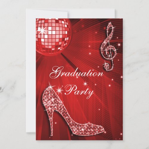 Red Disco Ball Sparkle Heels Graduation Announcement