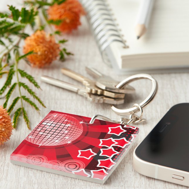 Red Disco Party Theme with Stars and Glitter Ball  Keychain (Creator Uploaded)