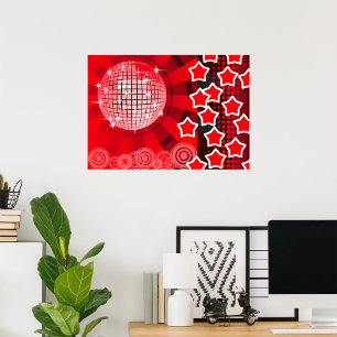 Red Disco Party Theme with Stars and Glitter Ball Poster
