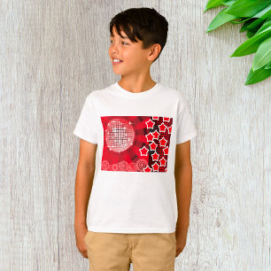 Red Disco Party Theme with Stars and Glitter Ball T-Shirt