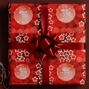 Red Disco Party Theme with Stars and Glitter Ball Wrapping Paper