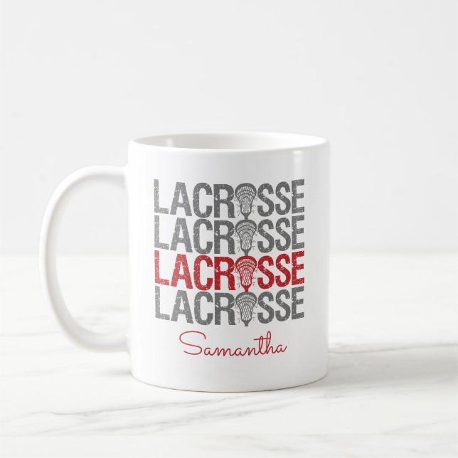 Red Distressed Lacrosse Word Coffee Mug (Left)