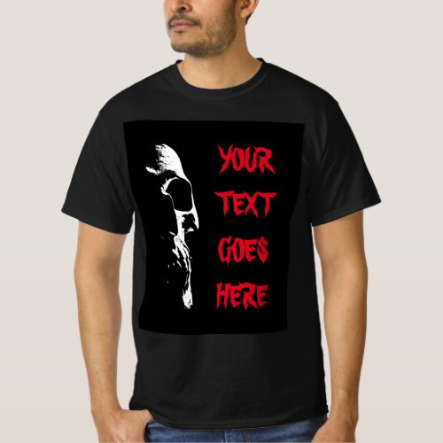 Red Distressed Text Mens Halloween Skull Black T_Shirt